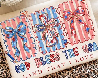 God Bless The USA PNG, Patriotic Coquette Bow Cross Design, 4th of July Christian Shirt Graphic, America Land That I Love, Brushstroke png