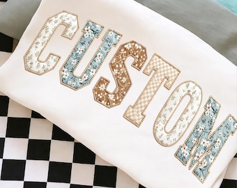 Faux Custom Floral Varsity PNG, Neutral Patchwork Name Varsity Letters, Vintage Cottagecore Alphabet Sublimation Design, Custom Name PNG