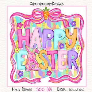 Könnte beinhalten: Ein farbenfrohes digitales Design mit dem Schriftzug "HAPPY EASTER" in großen, mehrfarbigen Buchstaben. Das Design zeigt einen rosa Hasen, Blumen und eine Karotte. Der Hintergrund ist eine Mischung aus Pastellfarben, umrahmt von einem rosa Band.
