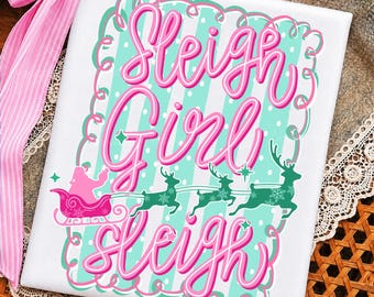 Sleigh Girl Sleigh PNG, Preppy Pink Christmas PNG, Santa Sleigh Reindeer Design, Girly Coquette Christmas, Pink Mint Holiday Sublimation PNG
