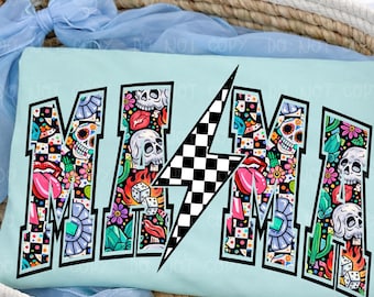 Sassy Mama Varsity png, Tattoo Pattern Mama Varsity png, Checkered Lightning Mom Graphic Tee Design, Edgy tattoo Mama sublimation