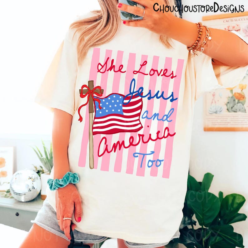 She Loves Jesus and America Too PNG, Christian Patriotic Design, USA Flag Cross Graphic, Faith 4th of July Shirt PNG
