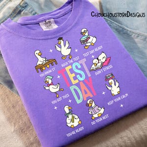May include: A purple t-shirt featuring cartoon ducks in various poses with the words "Test Day" in colorful letters. The ducks are depicted studying, reading, and encouraging the viewer with phrases like "You got this" and "Do your best."