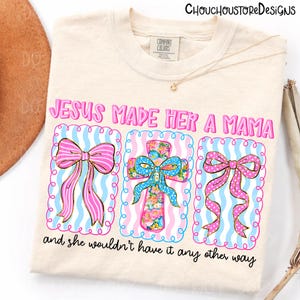 Jesus Made Her A Mama png, Preppy Floral Cross Bow PNG, Polka Dot Coquette Christian Mom Shirt Design, Faith Mama Quote, Pink Mama png image 3