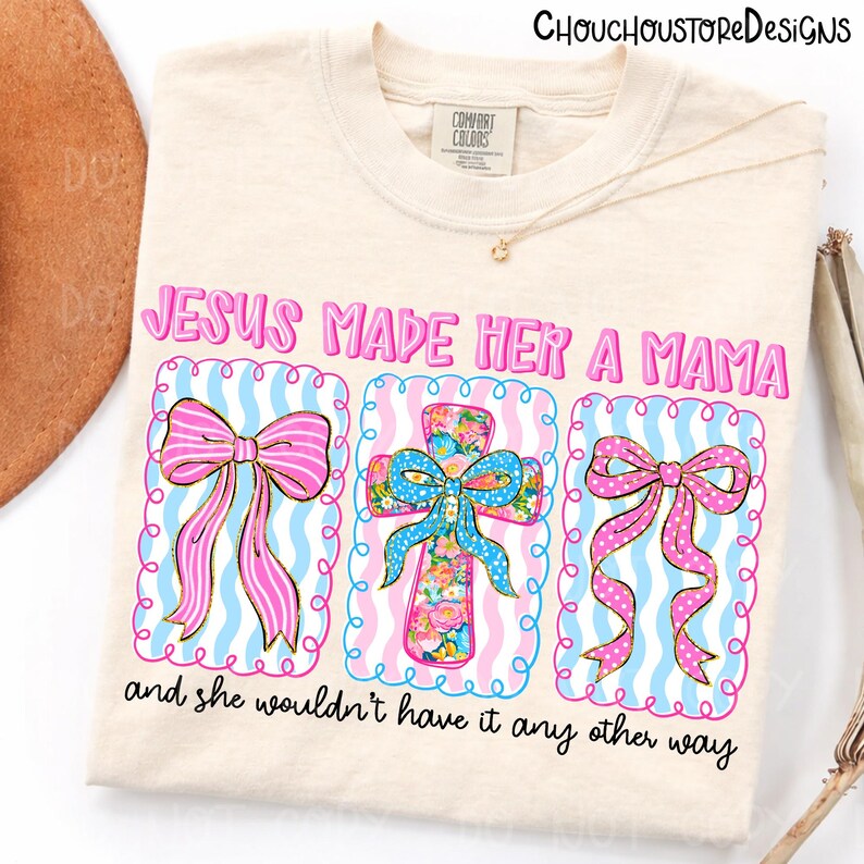 Jesus Made Her A Mama png, Preppy Floral Cross Bow PNG, Polka Dot Coquette Christian Mom Shirt Design, Faith Mama Quote, Pink Mama png image 3