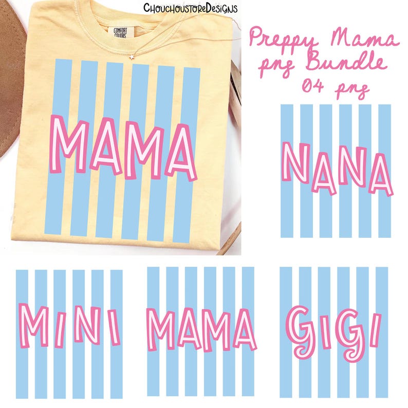 Preppy Mama PNG Bundle, Mama Nana Mimi Gigi PNG Set, Coquette Stripe Mom Designs, Cute Girly Motherhood Sublimation Pack
