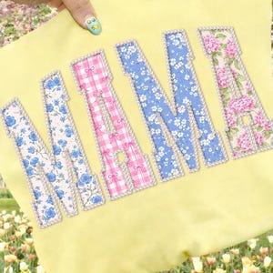 Floral Mama PNG, Pearl Outline Patchwork Letters, Vintage Blue Pink Mom Shirt Design, Mother’s Day Sublimation File image 4