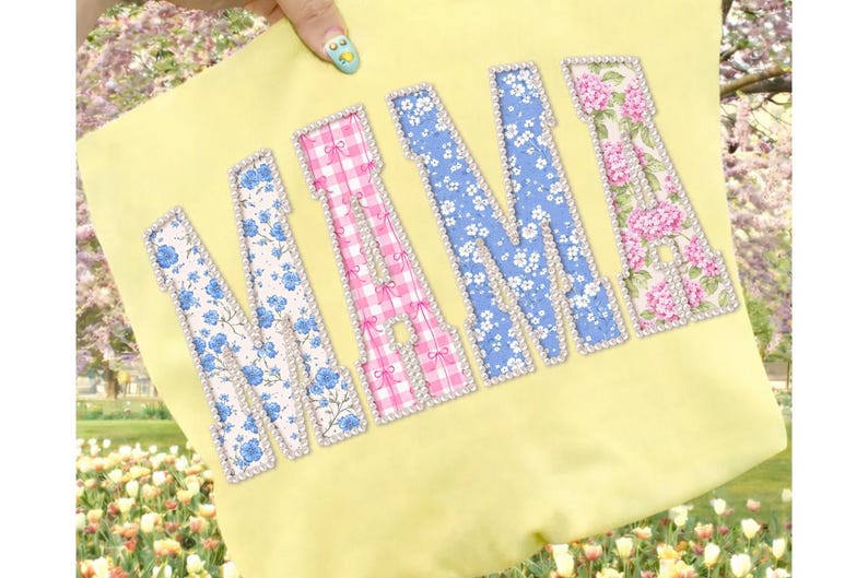 Floral Mama PNG, Pearl Outline Patchwork Letters, Vintage Blue Pink Mom Shirt Design, Mother’s Day Sublimation File image 4
