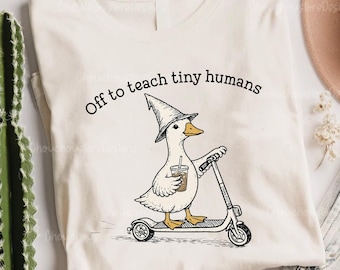 Funny Goose Scooter Off to Teach Tiny Humans PNG, Vintage Teacher Back to School Sublimation Design, Teacher Gift PNG