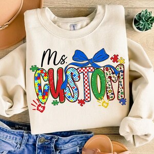 Custom Autism Name Png, Ms Mrs custom Autism doodles Png, Personalized Custom Autism Awareness Png, Puzzle Pieces Custom Bow png image 5