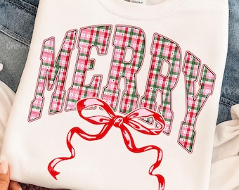 Red Pink Plaid Merry Varsity PNG, Coquette Bow Christmas PNG, Preppy Merry Christmas Design, Girly Plaid Holiday Sublimation PNG