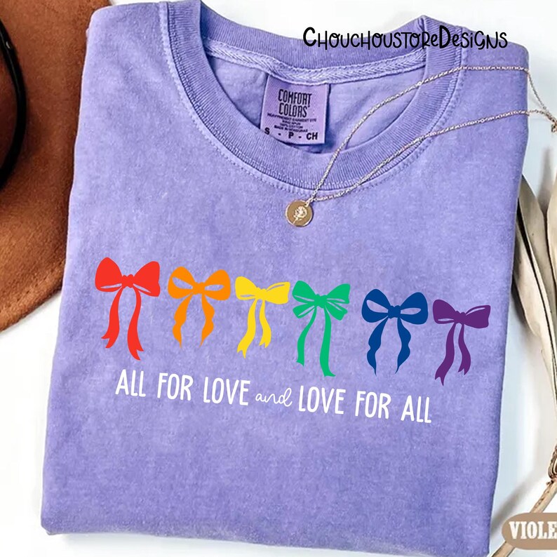 Rainbow Bow PNG Pride Love Design, All For Love And Love For All Quote, LGBTQ Shirt Graphic, Colorful Coquette Bows Clipart image 3