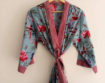 Cotton Kimono Robe Dressing Gown, Block Print Bridesmaid Robe, Summer Nightwear, One Size