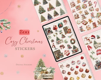 Acogedoras pegatinas navideñas / 800 pegatinas digitales / Pegatinas navideñas GoodNotes / Pegatinas del planificador digital navideño / Libro de pegatinas / Prerecortado