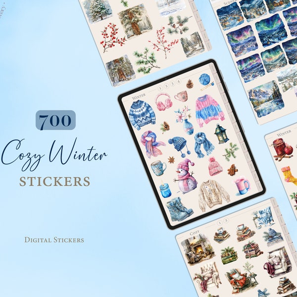 Stickers numériques Cosy Winter | Autocollants GoodNotes | 700 autocollants numériques pour agenda | Hiver douillet | Livre d'autocollants numériques | Stickers recadrés