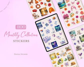 Colección mensual de pegatinas digitales / Pegatinas Goodnotes / Libro de pegatinas para planificador digital con 1100 pegatinas / Pegatinas estéticas / Pegatinas para planificador mensual