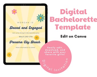 Versuft en betrokken digitale bachelorette uitnodiging sjabloon, Canva, vrijgezellenfeest, bruidsmeisje, bruiloft, bewerkbare uitnodiging