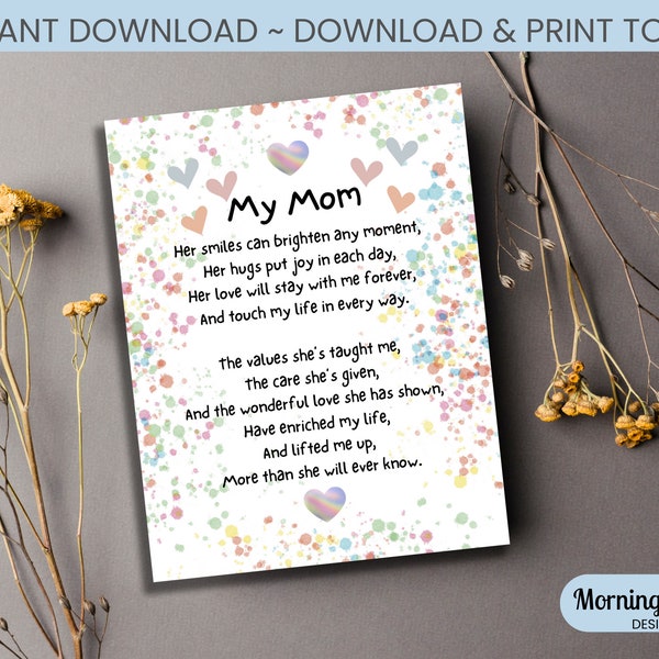 Mother's Day Poem Printable From Child to Mother, My Mom Poem Card Printable, Printable Poem for Mother, Mother's Day Gift Inspirational
