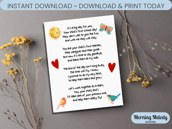 First Day of School Poem From Teacher to Parents, Back to School