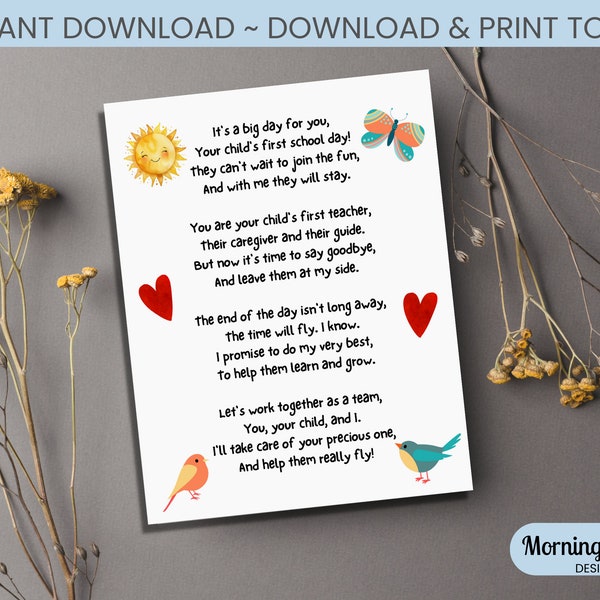 First Day of School Poem From Teacher to Parents, Back to School Message, Printable Poem for Parents, Preschool, Kindergarten, Inspirational