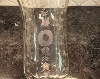 Vintage 9”T floral etched hurricane glass globe with vertical polka dots