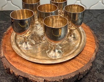 Vintage Cordial Sherry goblet 7pc set - silver plated goblets and engraved serving Tray - India