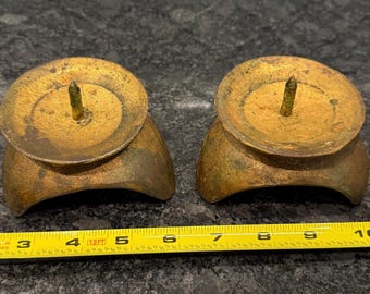 Vintage heavy solid brass 3-footed MCM pillar candle holders - art deco space age atomic 1960’s brutalist tripod abstract