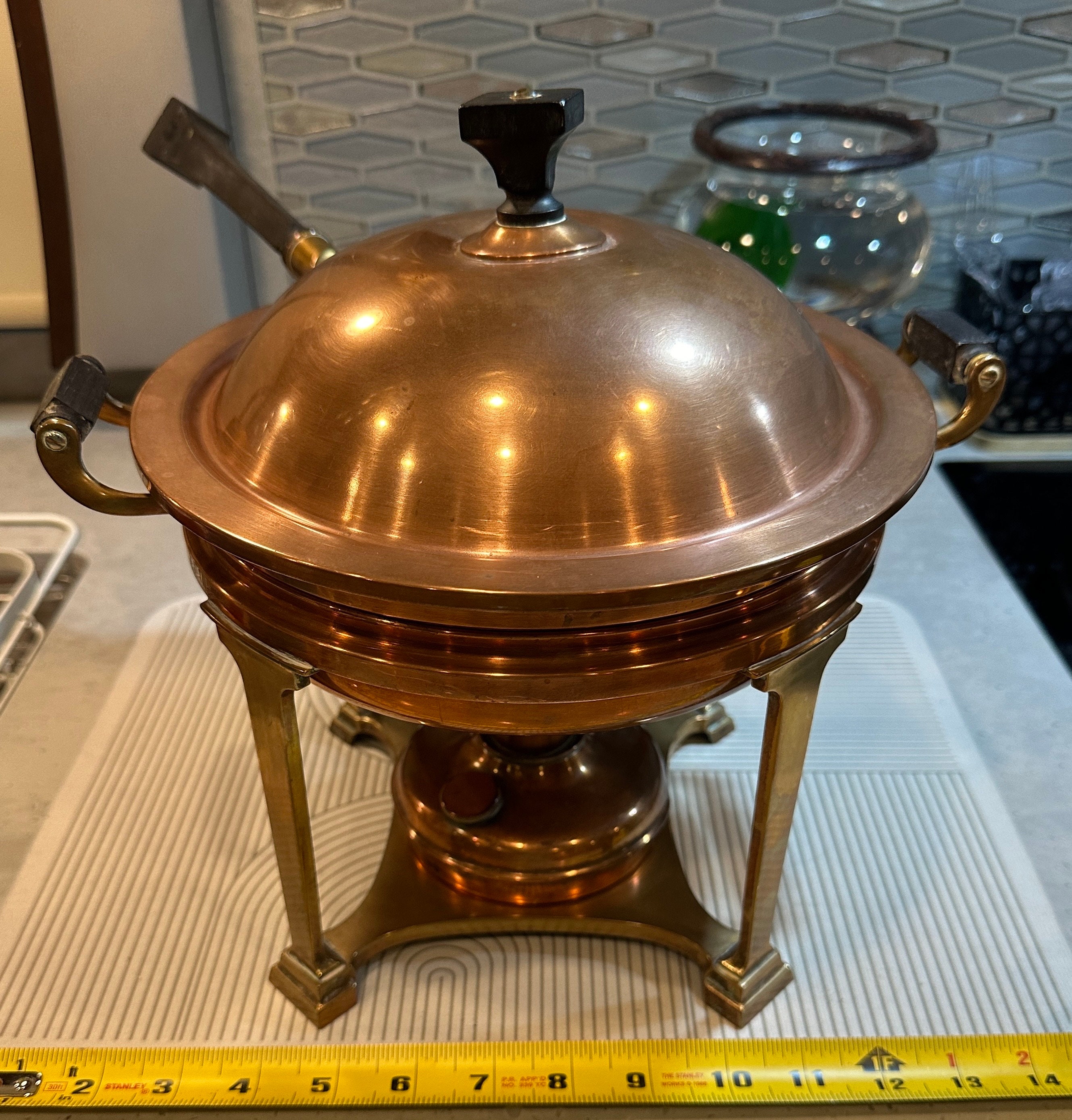 Antique Chafing Landers-Frary-Clark Copper Brass Pan dish Heat Stove Oil burner 1908 USA