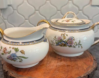 Antique Noritake Modesta Lidded Sugar Bowl and Creamer set - floral with pheasant bird - 1920’s