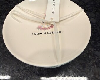 Original Rae Dunn "I Believe in Celebrating" dessert or appetizer plates - set of 4 plates - by Magenta - ceramic