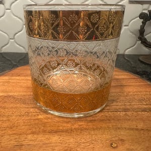 Vintage Culver Scintilla Gold glass lowball tumbler with raised geometric pattern and 22-karat accents mid century MCM hard to find lowball