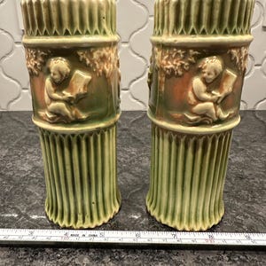 Antique Set of 2 Roseville Donatello 1916 Art Pottery Cherub Green Ceramic Vase