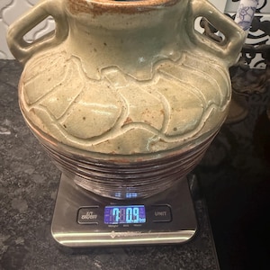 May include: A handcrafted ceramic vase with two handles, featuring a light green and brown color scheme. The vase has a textured surface with a floral design and is sitting on a digital scale. The scale reads 7.09 lbs.