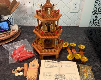 Vintage Lillian Vernon Christmas Nativity Carousel, wooden, multi-tiered German Christmas decoration handpainted nativity scene - spins