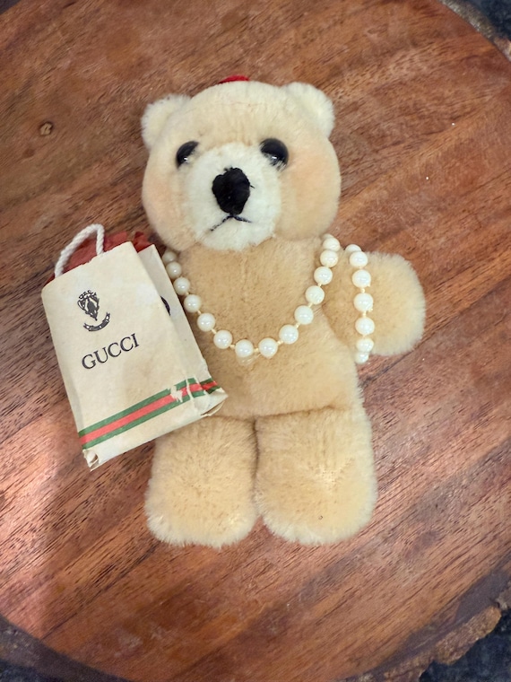 Vintage Bear With Gucci Paper Shopping Bag and Pearl Necklace