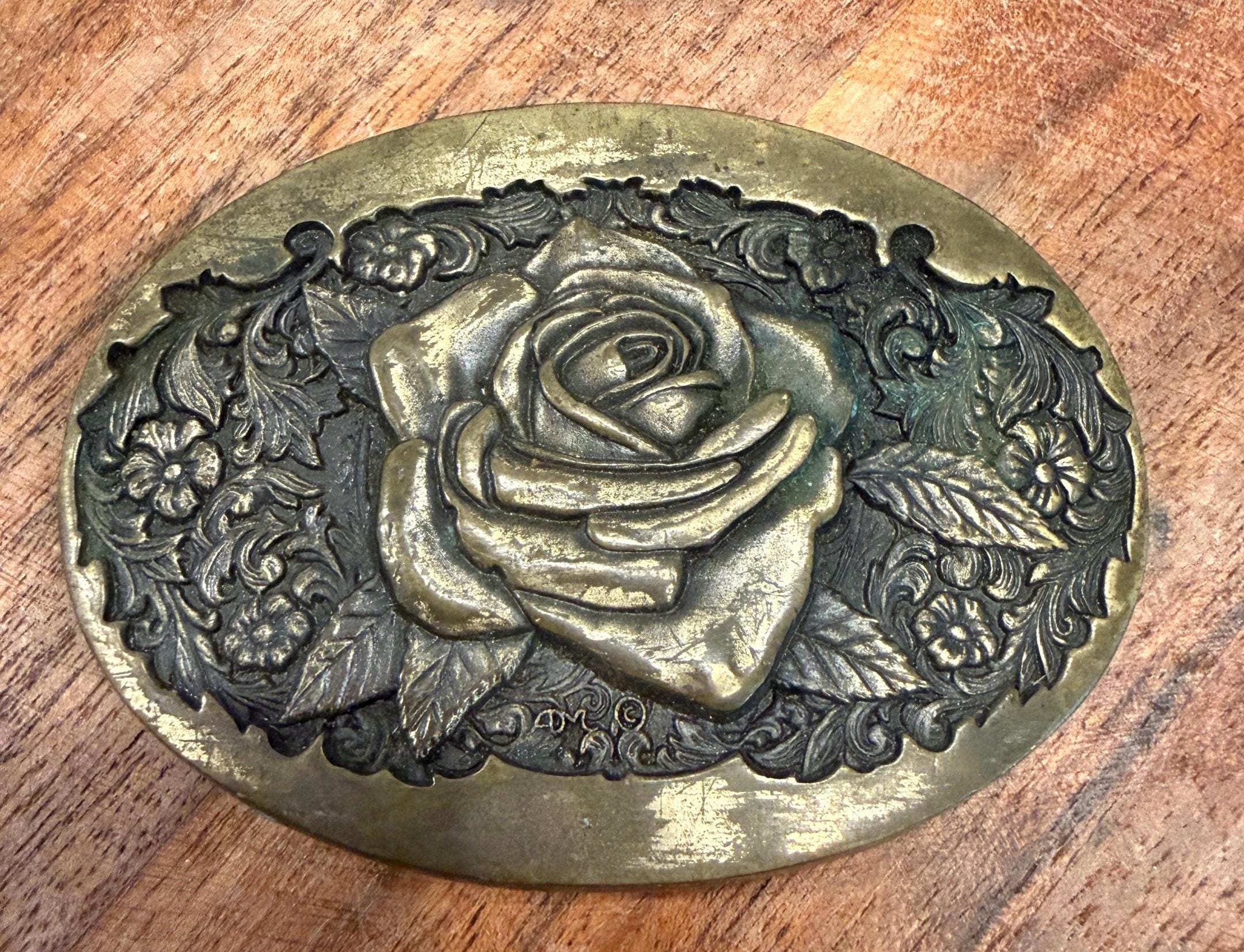Ornate Metallic Rose Belt Buckle, lighter weight metal Silver Belt Buckle with Rose Cabochon, Western Cowboy  main image 4