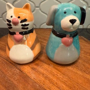 Vintage Mid century ceramic Cartoon Dog and Cat whimsical Salt & Pepper Shakers Handpainted - signed Ryann