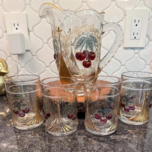 Vintage Fenton Cherry & Cable Pitcher and 4 glasses water set, made for L.G. Wright Glass Company - lemonade, juice, ice tea serving set