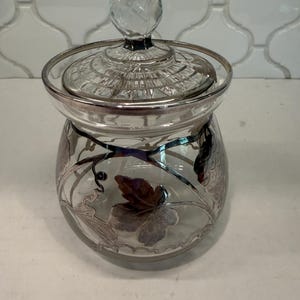 Vintage jam jar with sterling silver overlay pattern of grapes and leaves - lidded and spoon