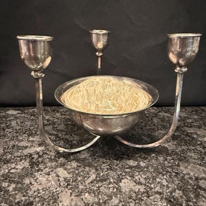 Vintage rare silver-plated three-arm candelabra with a central bowl glass flower frog - dual-purpose centerpiece - candlestick holder & vase