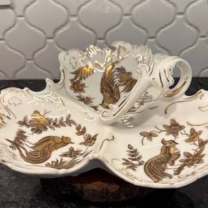 Vinatge Limoges France Le Tallec Gold Birds Decorated 3 section - leaf Handled Serving Dish French - mythical pheonix - gold gild floral