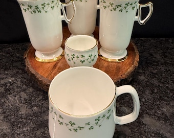 Royal Tara fine bone china "Trellis Shamrock" Irish coffee mugs, egg cup, coffee mug featuring a classic green shamrock rim and gold trim