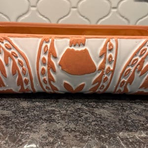 Vintage handmade terracotta rectangular planter with a white-glazed overlay with embossed leaf garland vine patterns - trough window