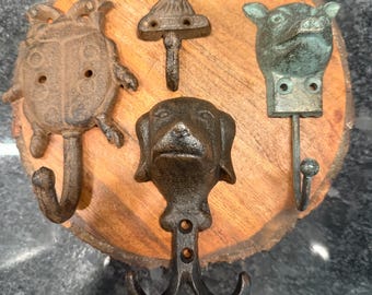 Cast iron rustic 3D pig, Labrador dog, hummingbird, ladybug wall coat towel hooks - welded - cabin farmhouse cottage