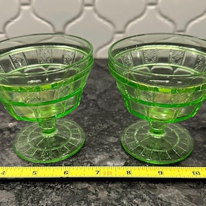 Vintage pair of Jeannette Doric Green depression glass Footed dessert sherbet cup glass