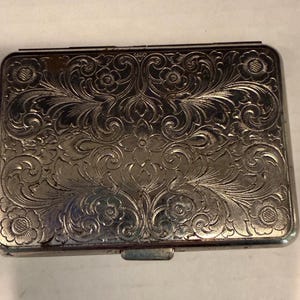 Metal Victorian Rococo embossed cigarette / credit card case - folding snap shut - push button open - double sided embossed -  spring loaded