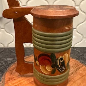 Vintage handcrafted wooden wood tankard - beer stein mug - flip lid - handpainted - Swedish Borlange
