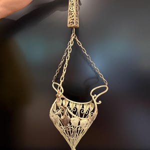 Vintage Wrought Iron Cone Hanging Planter - Pineapple Finial, Distress Metal Wire Garden Basket, French Country - ornate hanger 33”L or 28”L