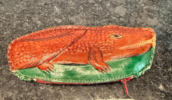 Vintage Tooled Leather Alligator Coin Purse - Handmade Change Wallet