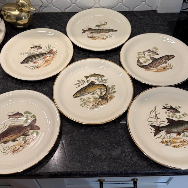 Lot de 6 assiettes à poisson vintage JK Bavaria Carlsbad - Bordure dorée peinte à la main, Allemagne